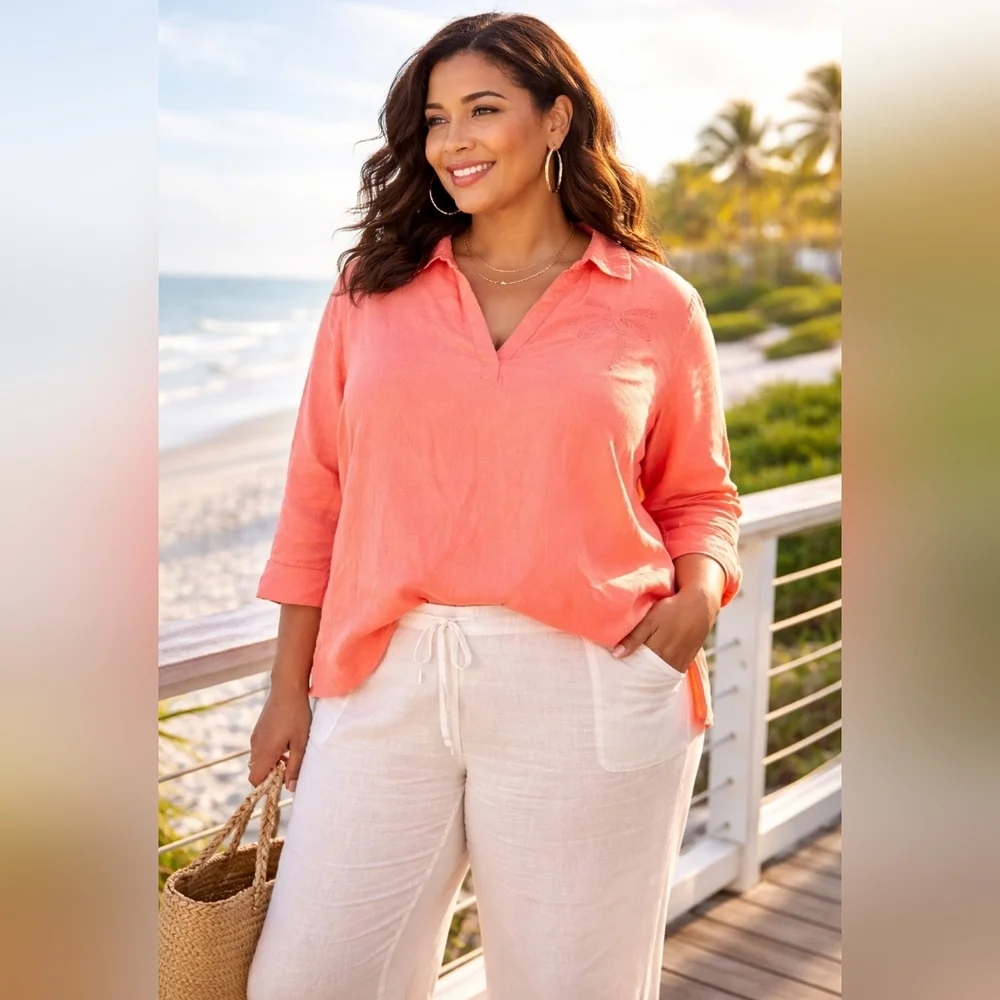 Calypso St. Barth Coral Linen Blend Palm Embroidered Blouse | 2x | Nwt